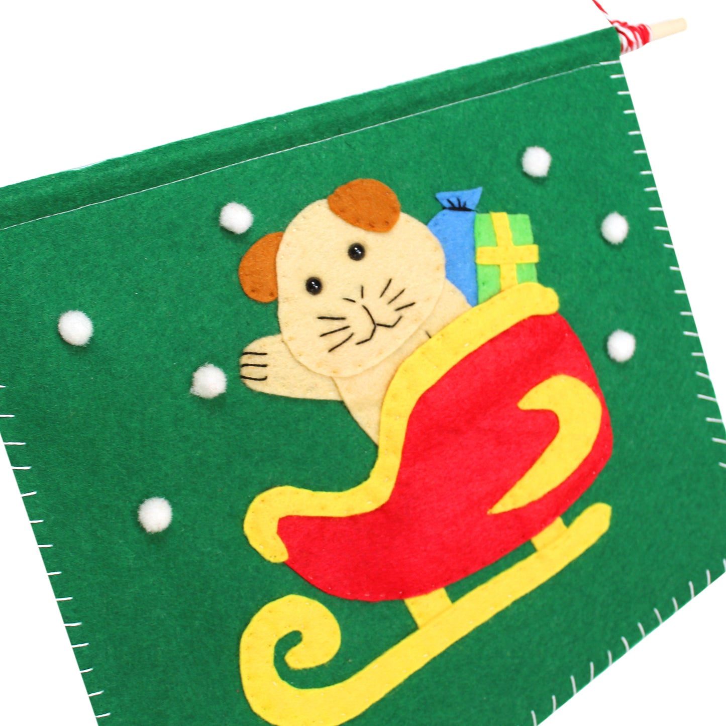 Handcrafted Guinea Pig On Sleigh - Green Wall Art Flag