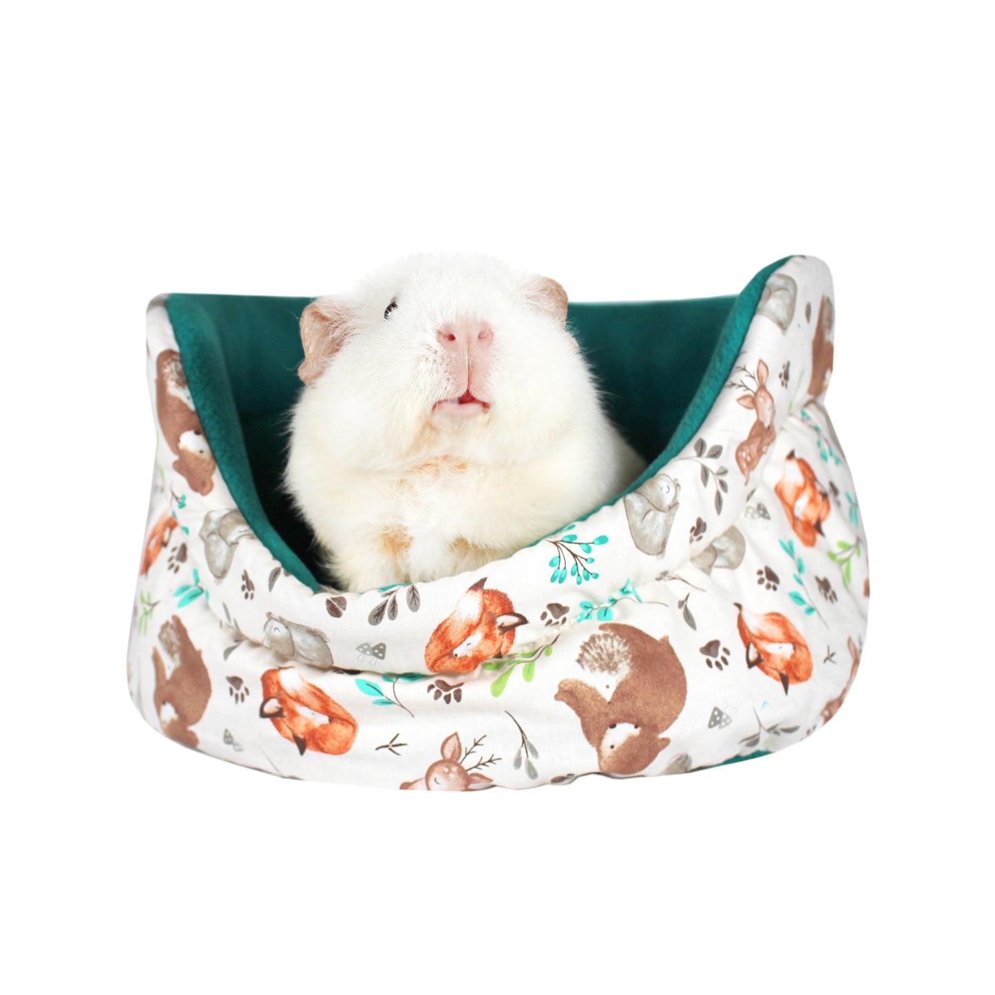 Woodland Pattern Guinea Pig Cuddle Cup, lowered front view with guinea pig