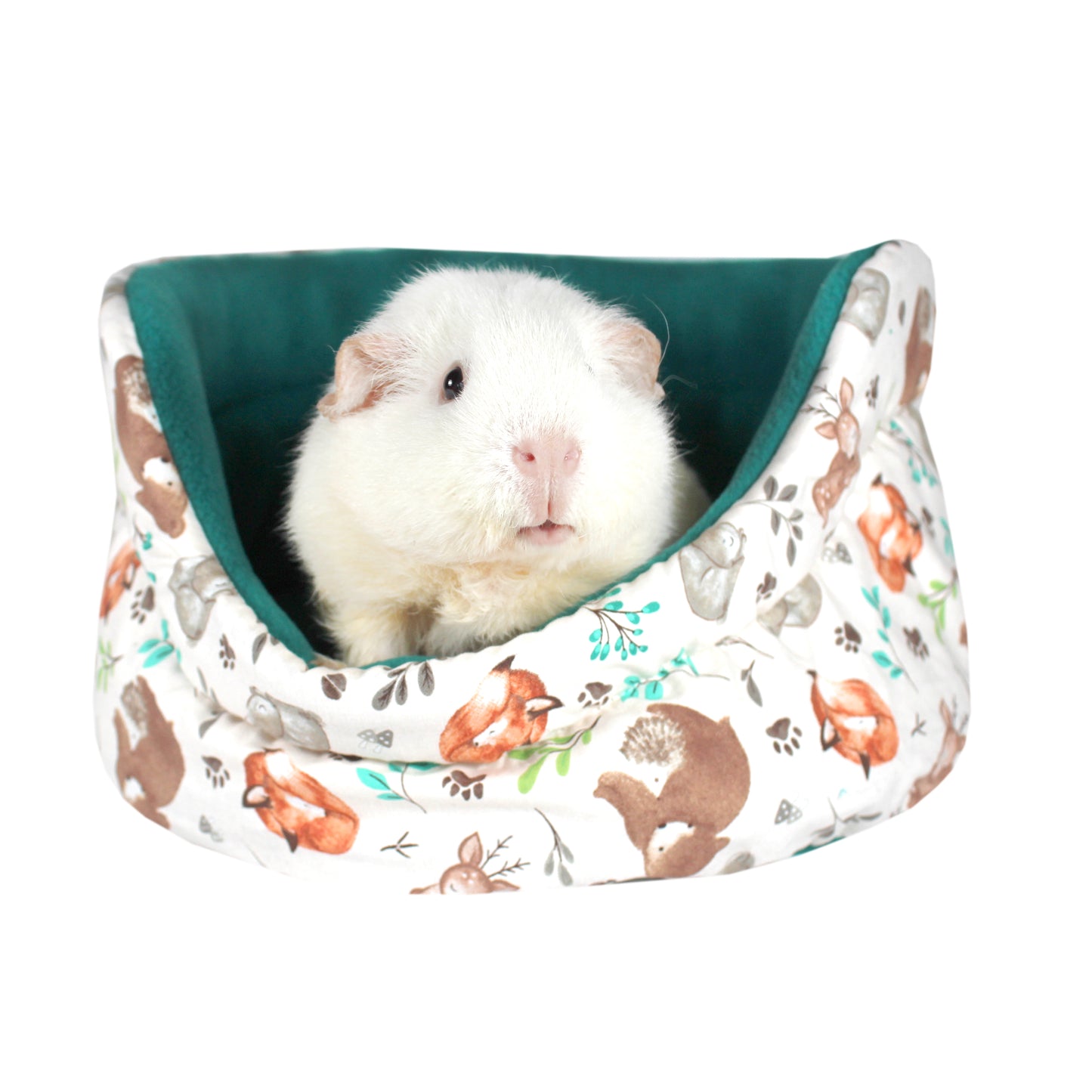 Woodland Pattern Guinea Pig Cuddle Cup, front side view with guinea pig