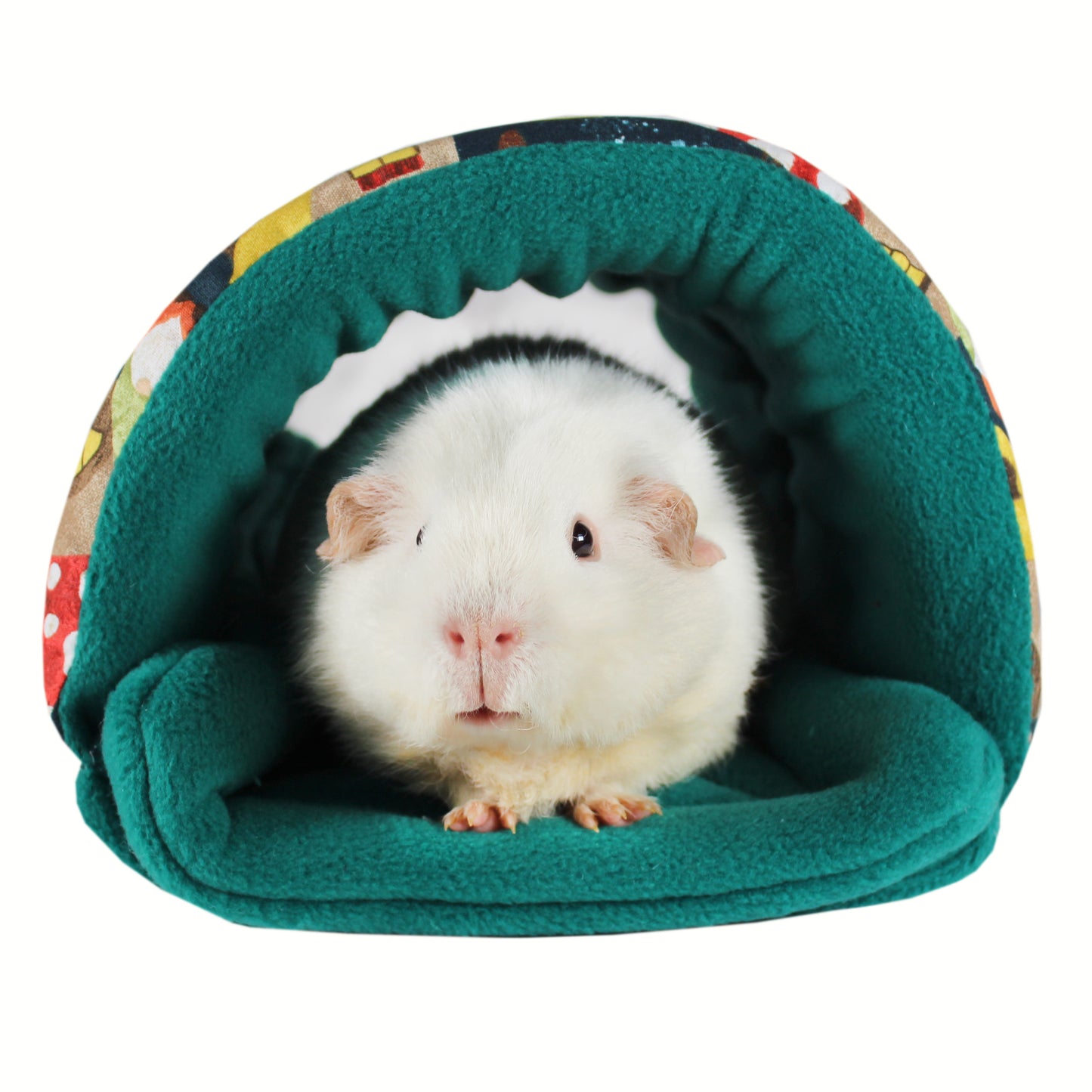 Gnome And Mushroom Town - Guinea Pig Accessory Set, front view of the guinea pig snuggle tunnel with a happy guinea pig inside