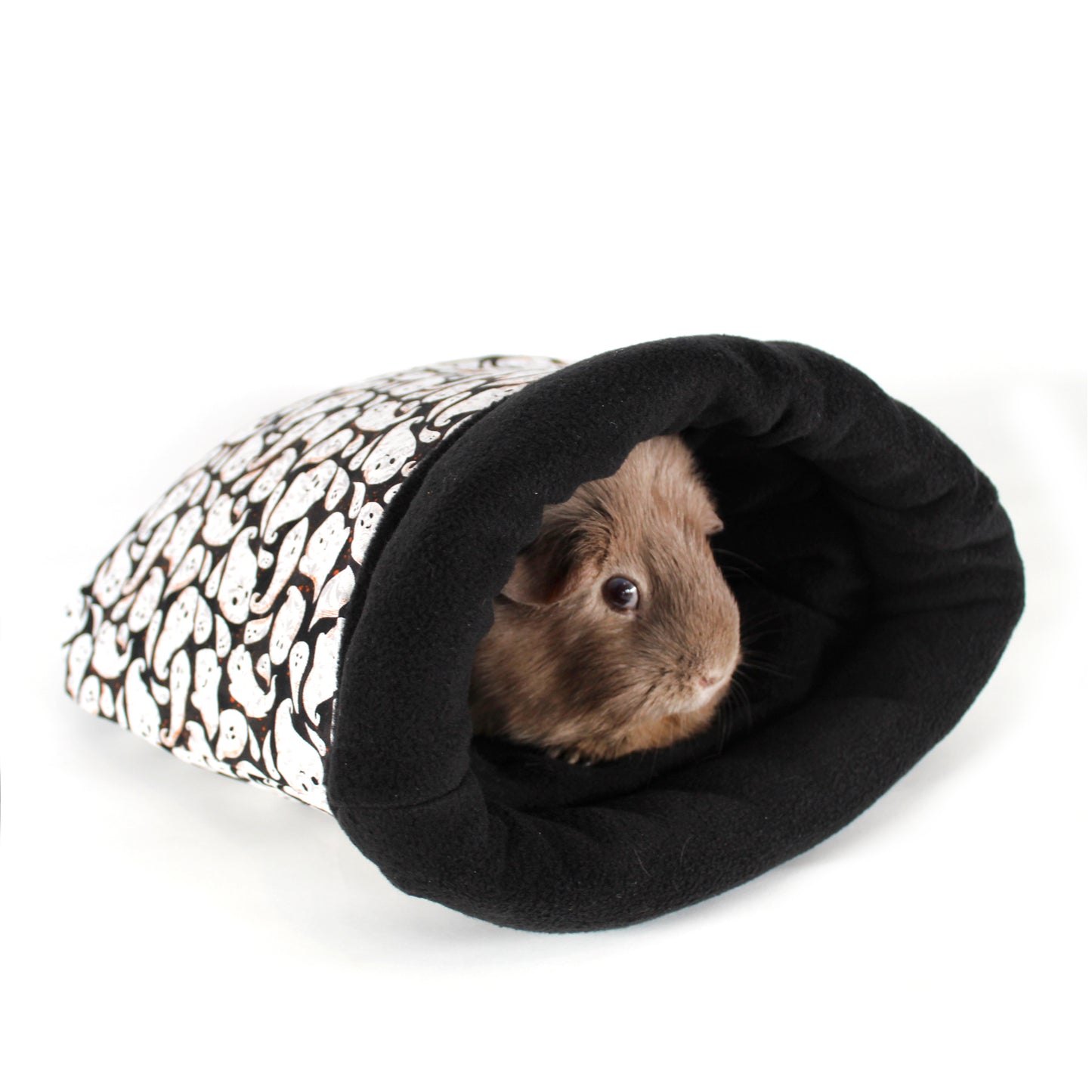 Halloween Ghost Cuddle Sack, happy guinea pig inside the cuddle sack