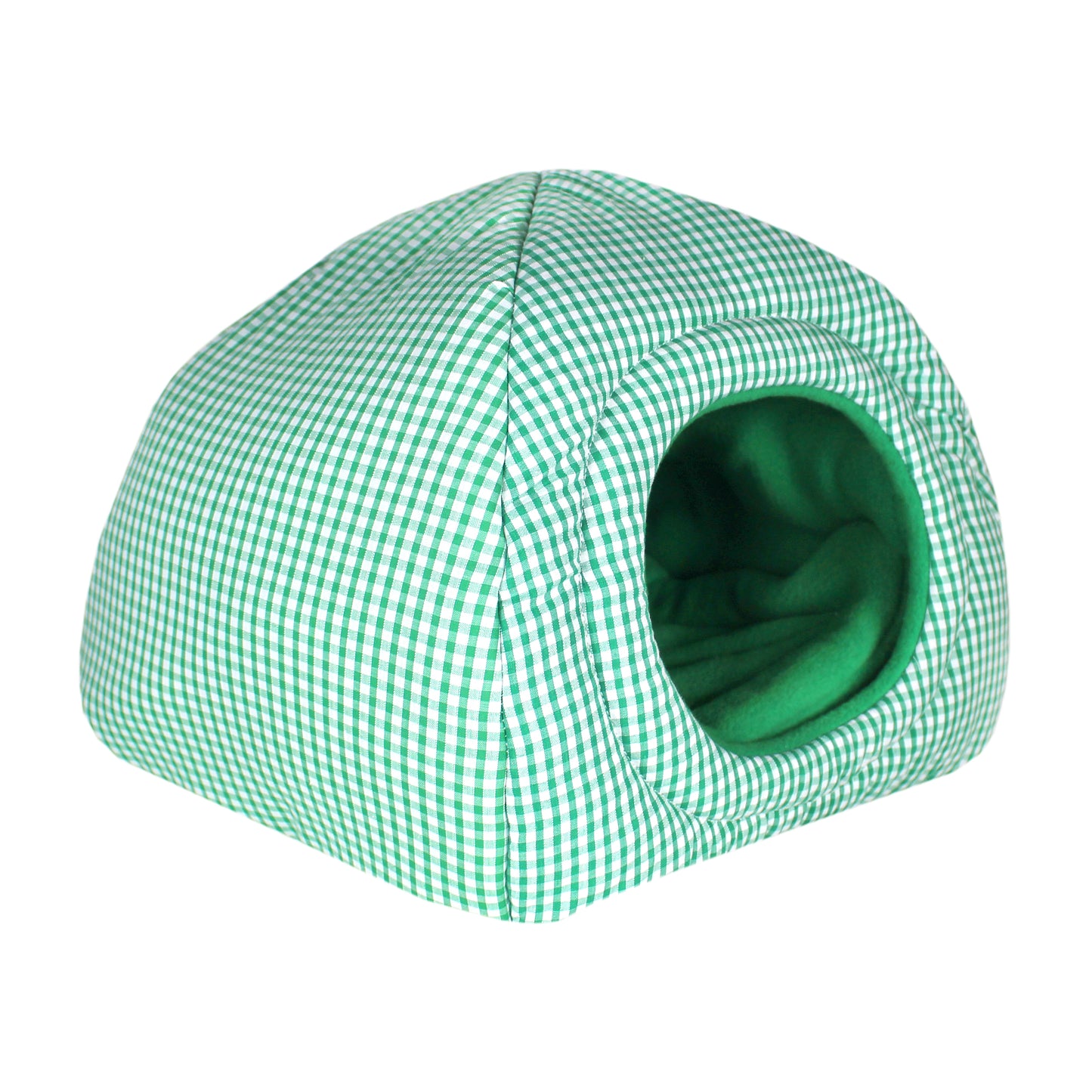 Green Gingham Guinea Pig Hidey House, elevated side view of the empty hide