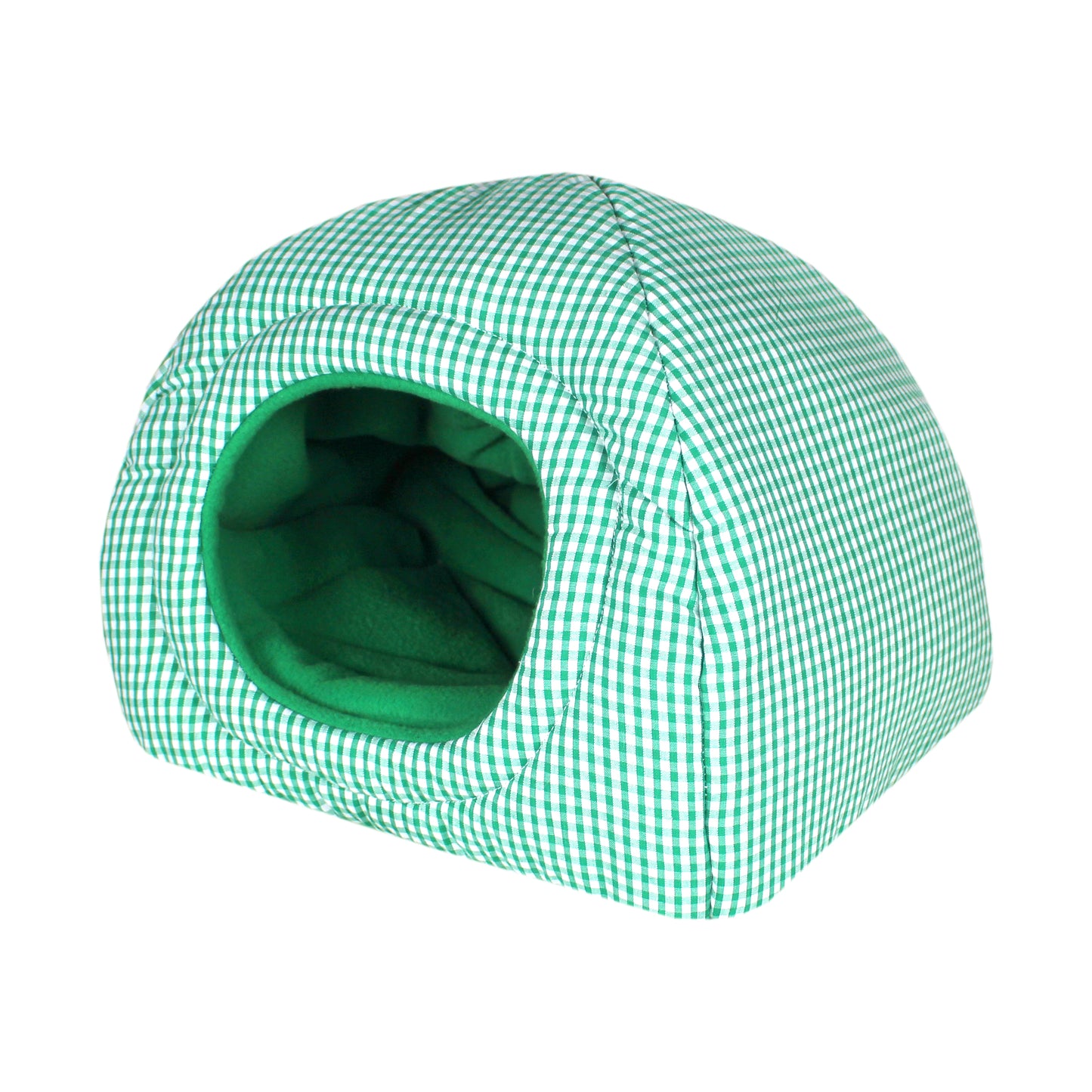Green Gingham Guinea Pig Hidey House, front side view of the empty hideout
