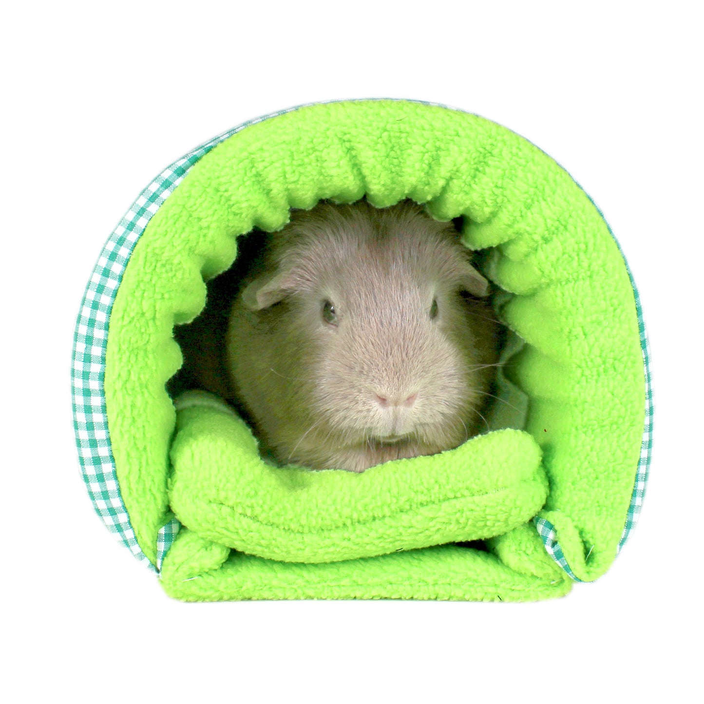 Green Gingham Guinea Pig Squish Tunnel, front view elevated with guinea pig