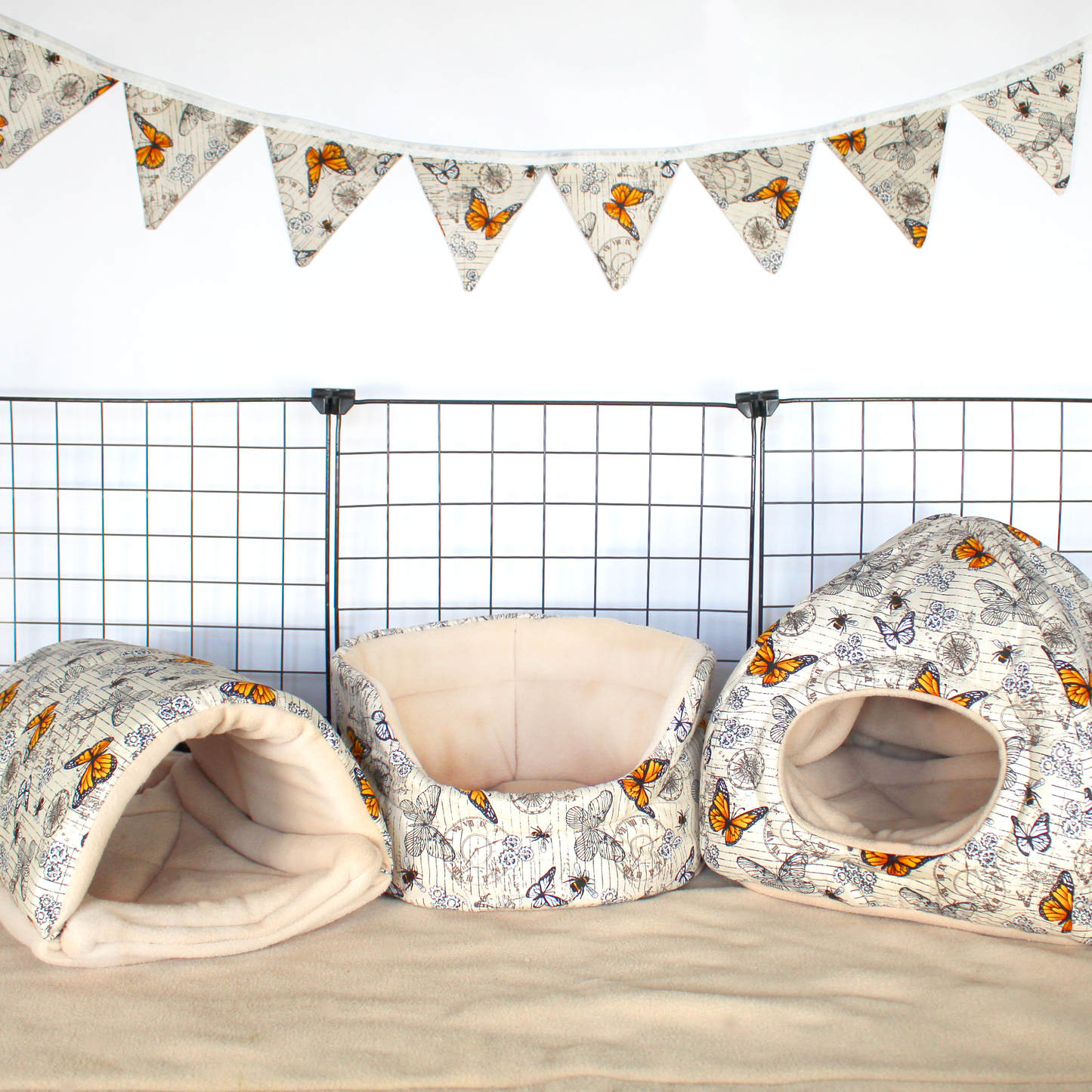 Steampunk Butterfly Hidey House, showing it in cage with a matching cuddle cup and squish tunnel