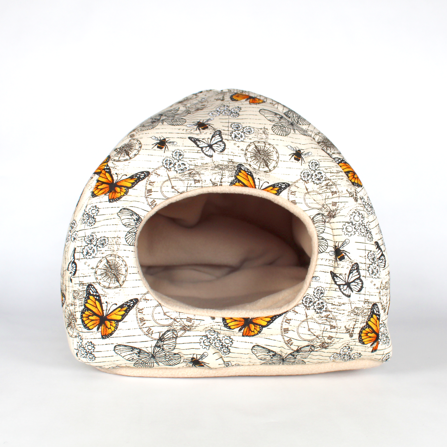 Steampunk Butterfly Hidey House, empty front viw of the hideout for guinea pigs show the soft anti pill fleece inner
