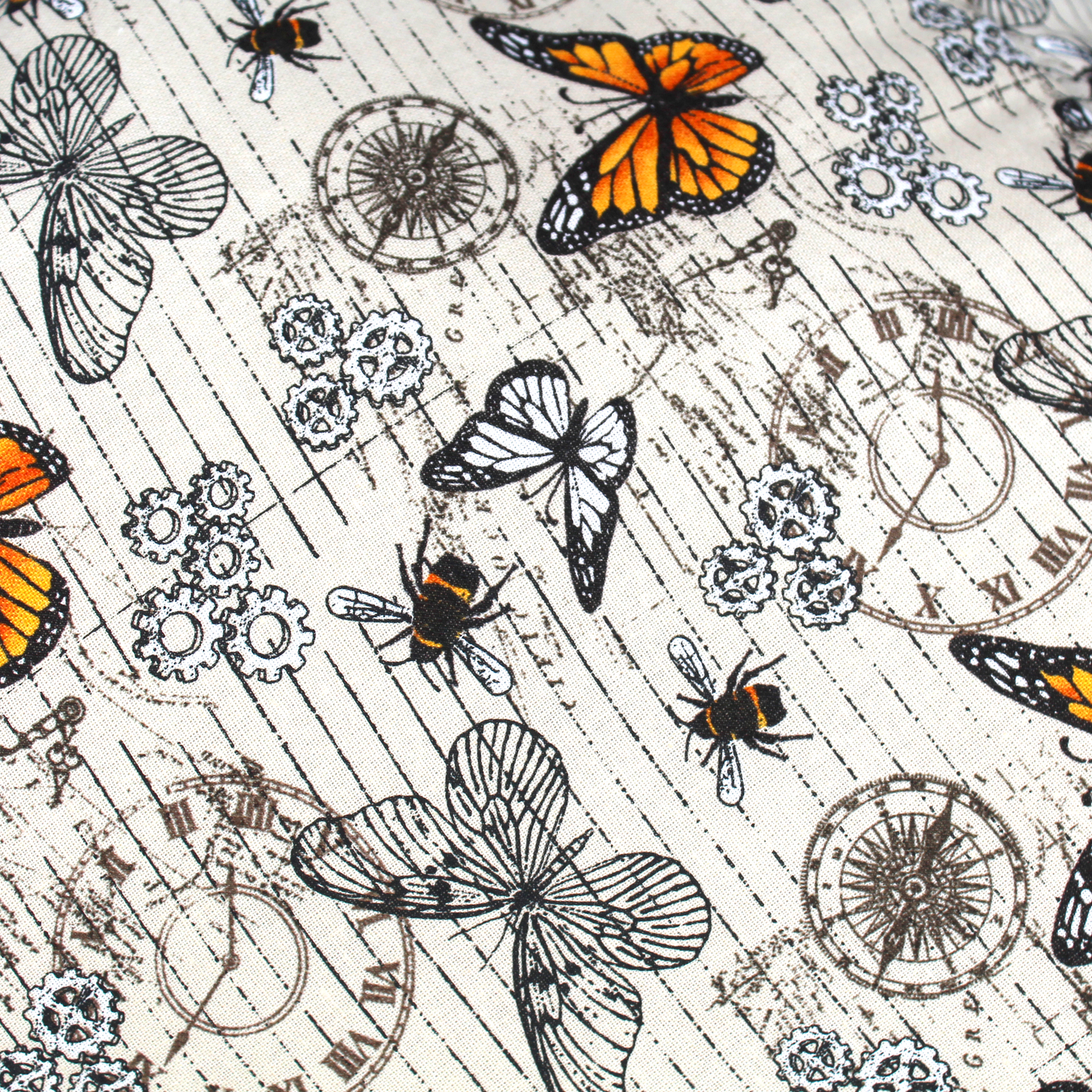 Steampunk Butterfly Hidey House, close up view of the victorian steampunk fabric featuring painted lady butterflies