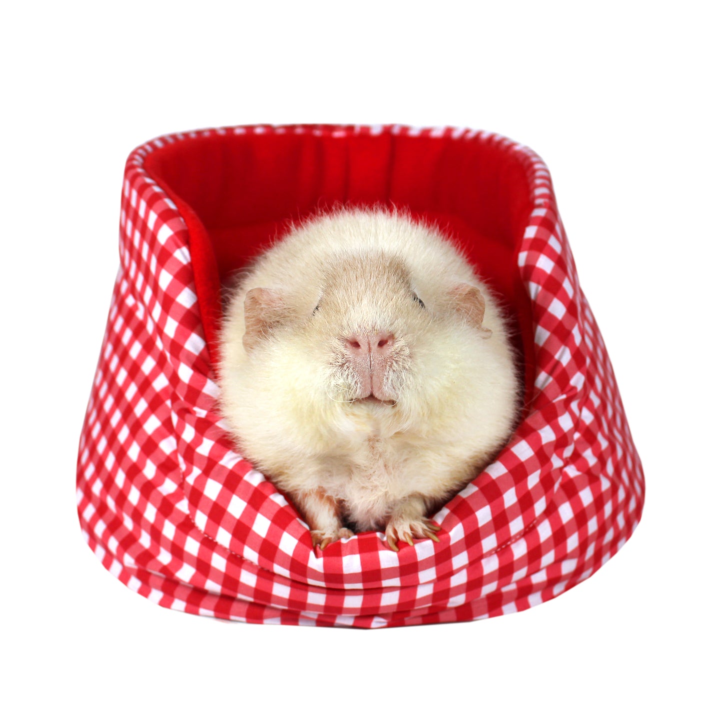 Red Gingham Guinea Pig Accessory Set, front view of the cuddle cup bed with a guinea pig inside