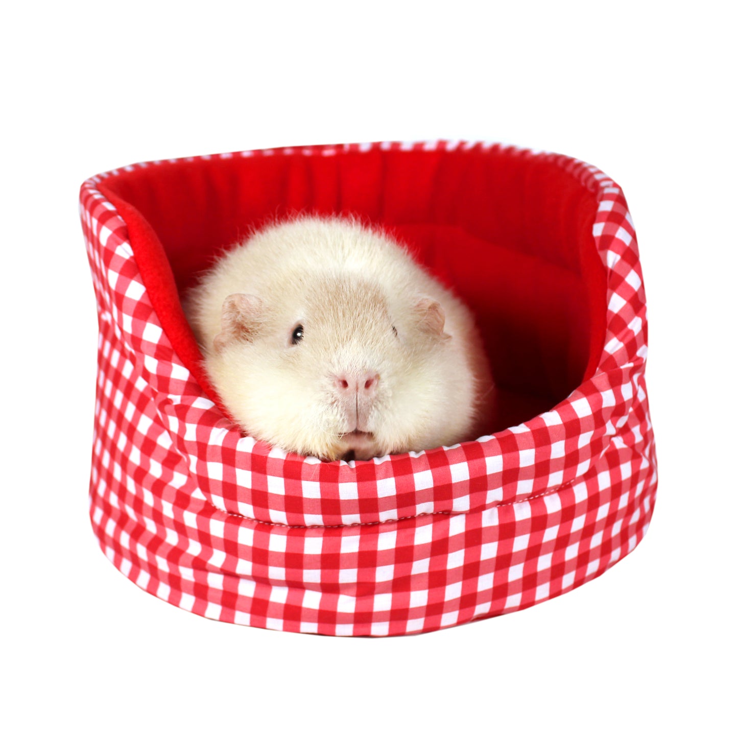 Red Gingham Guinea Pig Accessory Set, front view of the guinea pig bed with a guinea pig relaxing inside