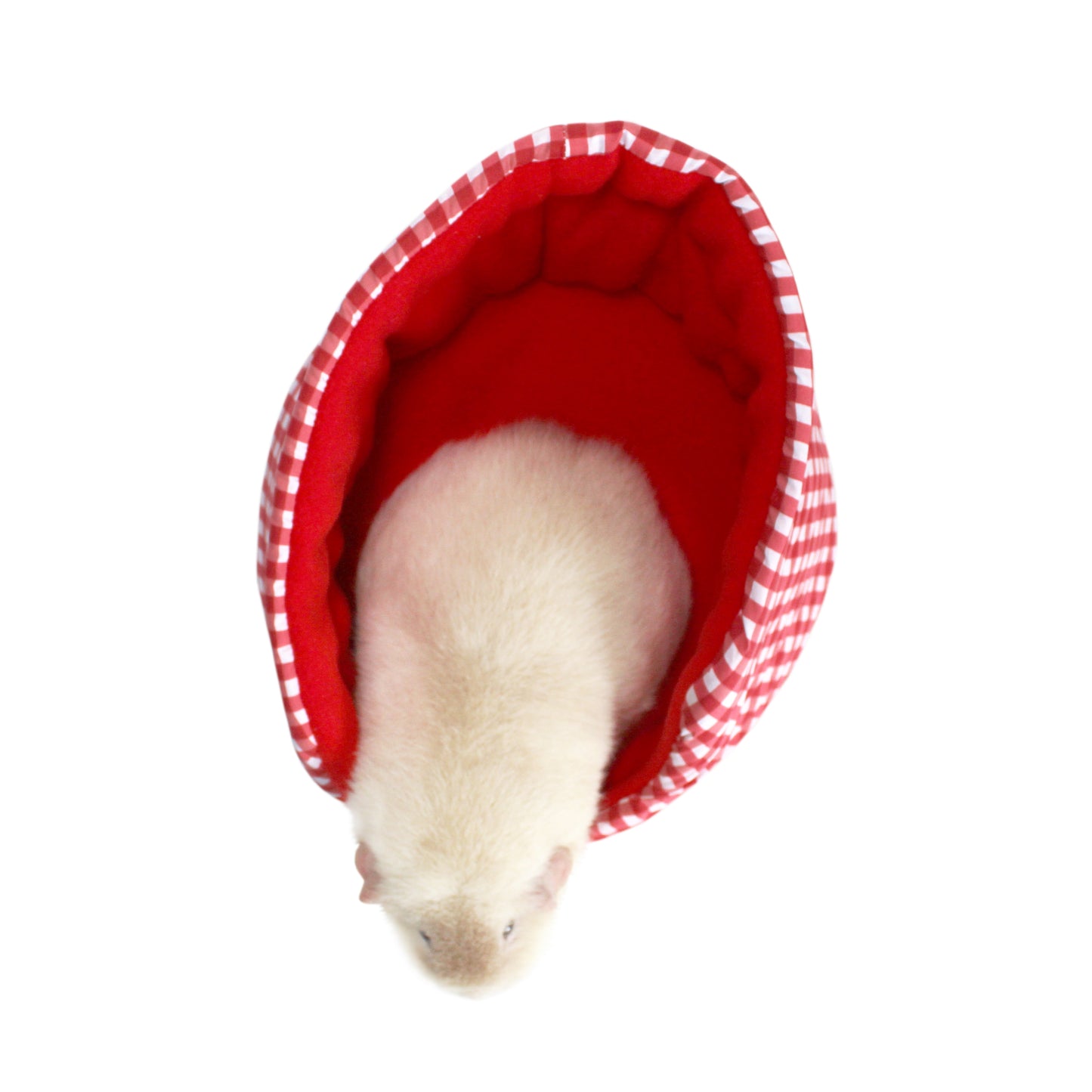 Red Gingham Guinea Pig Accessory Set, over the top view of the cuddle cup bed with a guinea pig inside