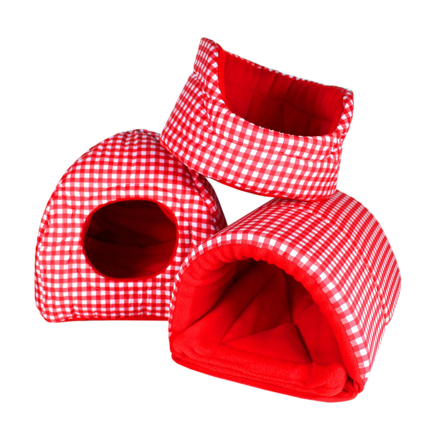 Red Gingham Guinea Pig Accessory Set, view of all the guinea pig accessories in this bundle set, cuddle cup bed, squish tunnel and hidey house