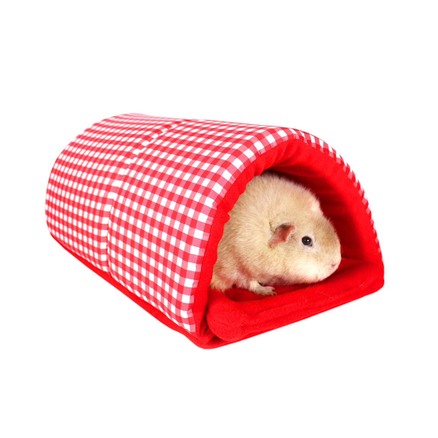 Red Gingham Guinea Pig Accessory Set, front view of the squish tunnel with a guinea pig inside