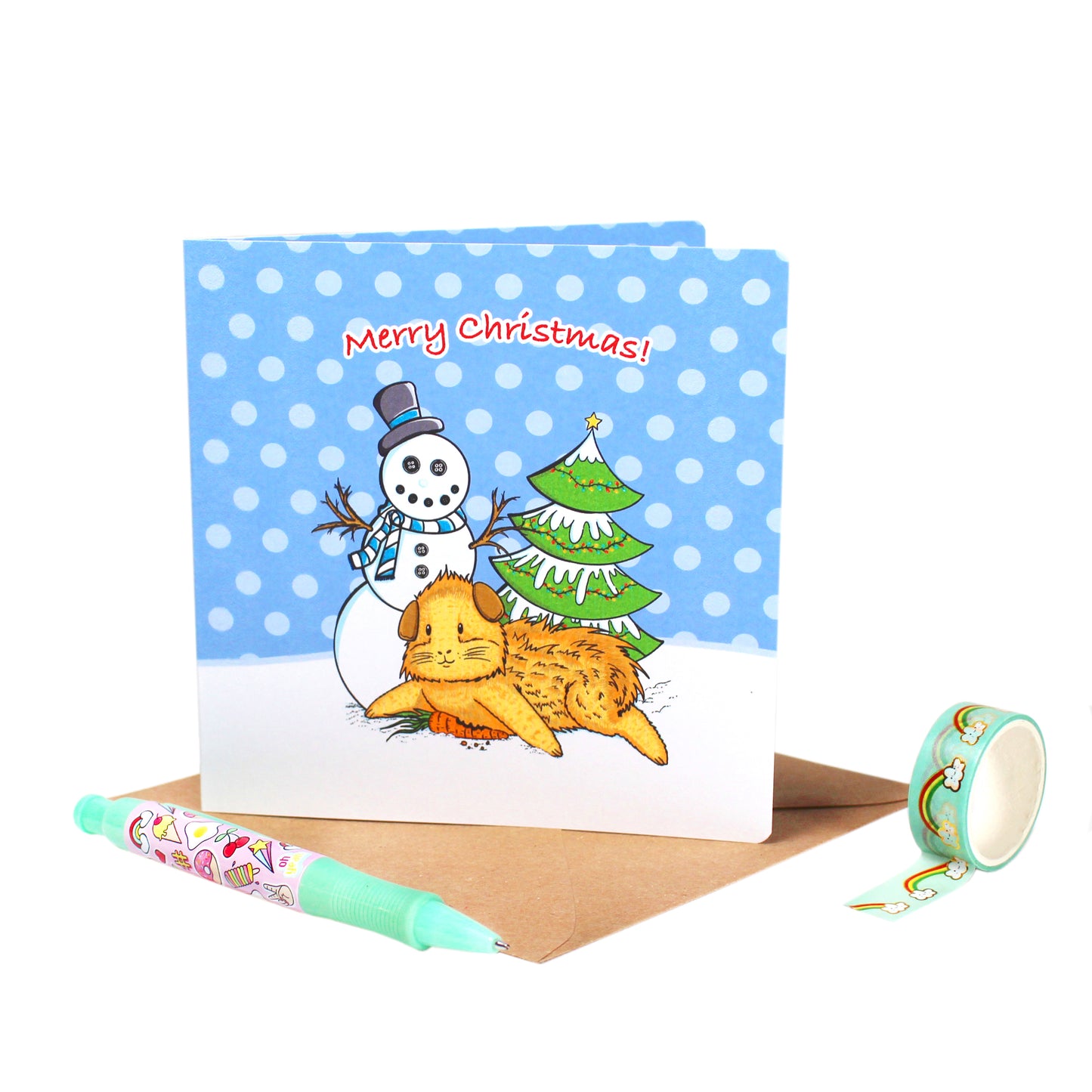 Guinea Pig And Snowman - Christmas Greetings Card, front view showing the personalized card stood