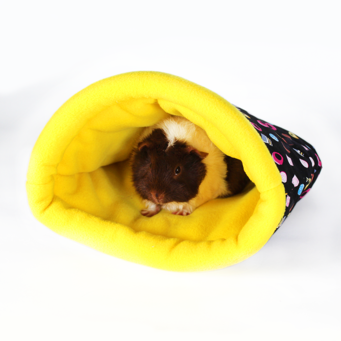 Liquorice Allsorts Cuddle Sack, front view of the snuggle sack with a guinea pig inside