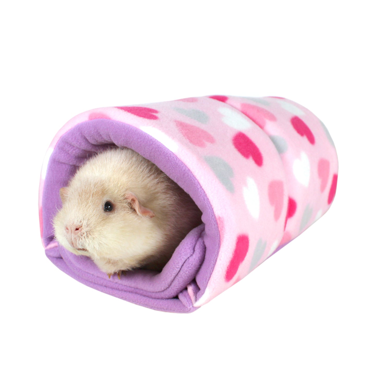 Pastel Hearts Guinea Pig Accessory Set, front side view of the squish tunnel with guinea pig inside
