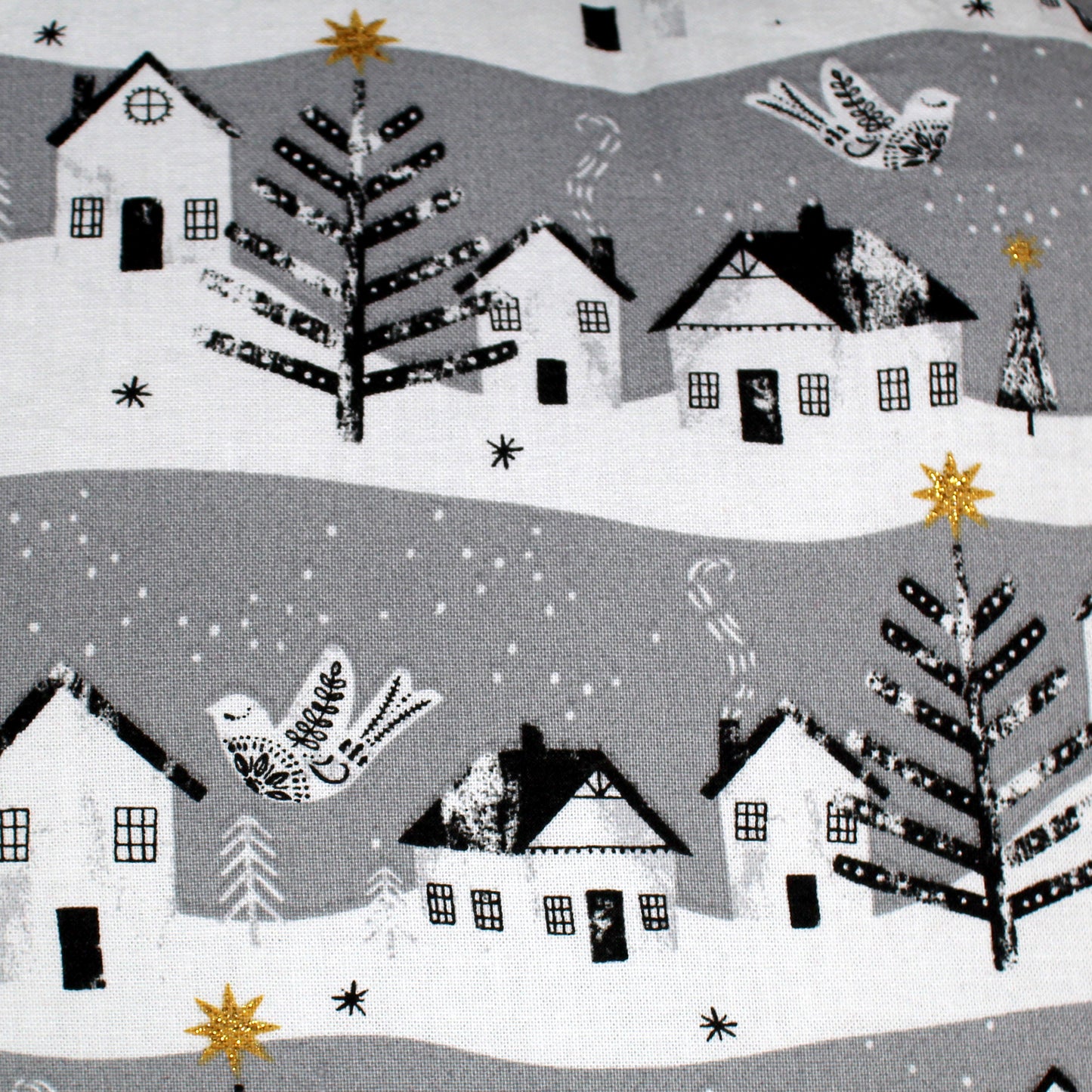 Grey Winter Village Guinea Pig Hidey House, close up of the winter village scene pattern