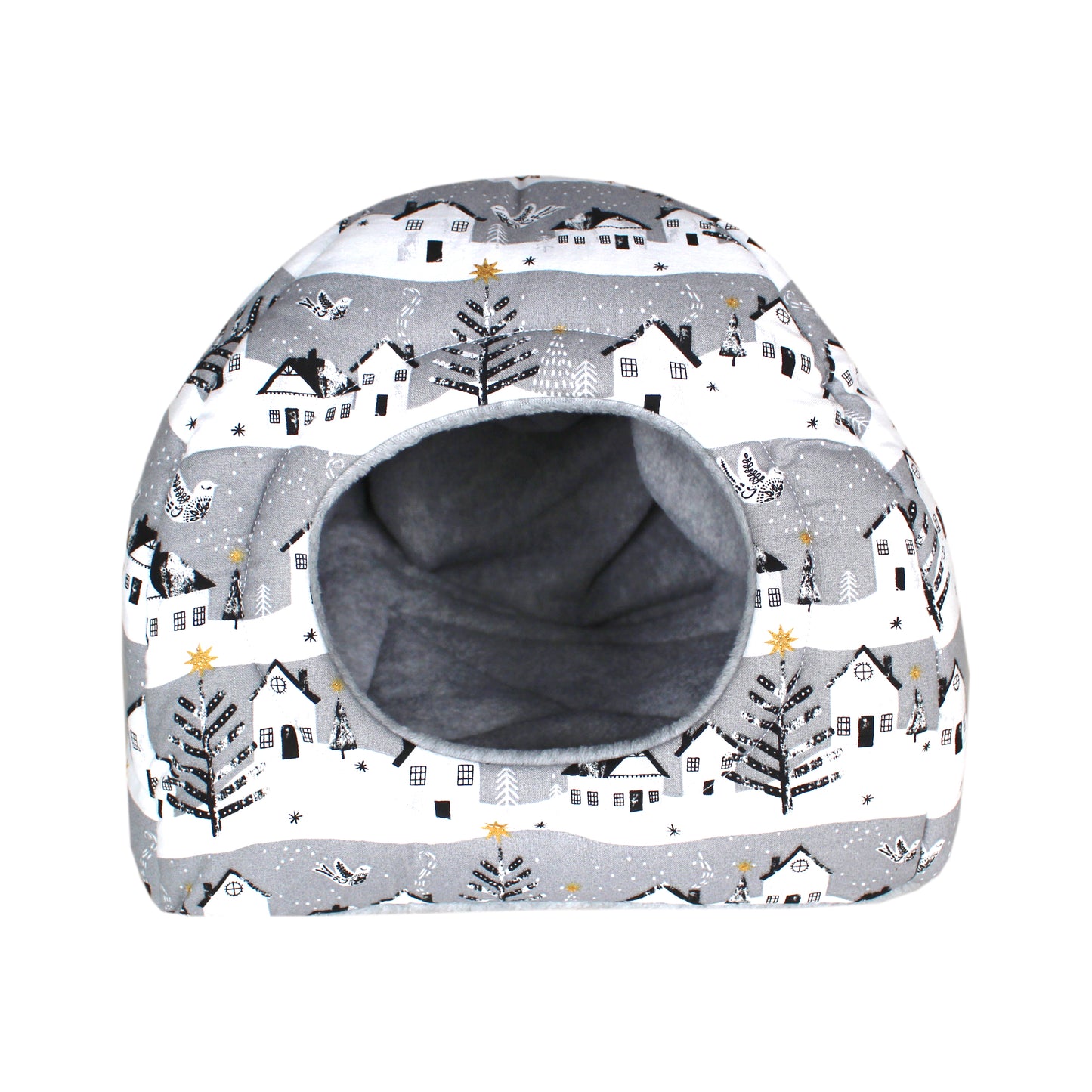 Grey Winter Village Guinea Pig Hidey House, front view of the hidey hut empty