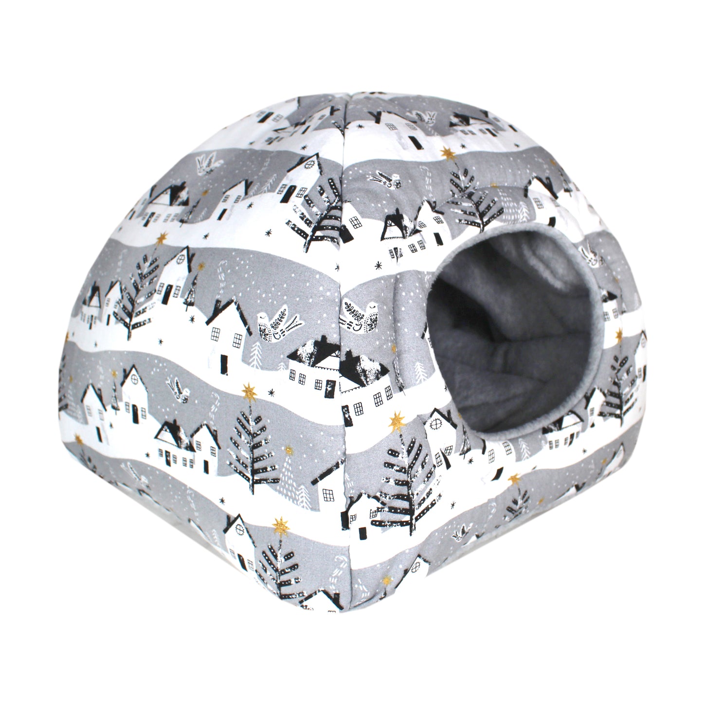 Grey Winter Village Guinea Pig Hidey House, front side view empty