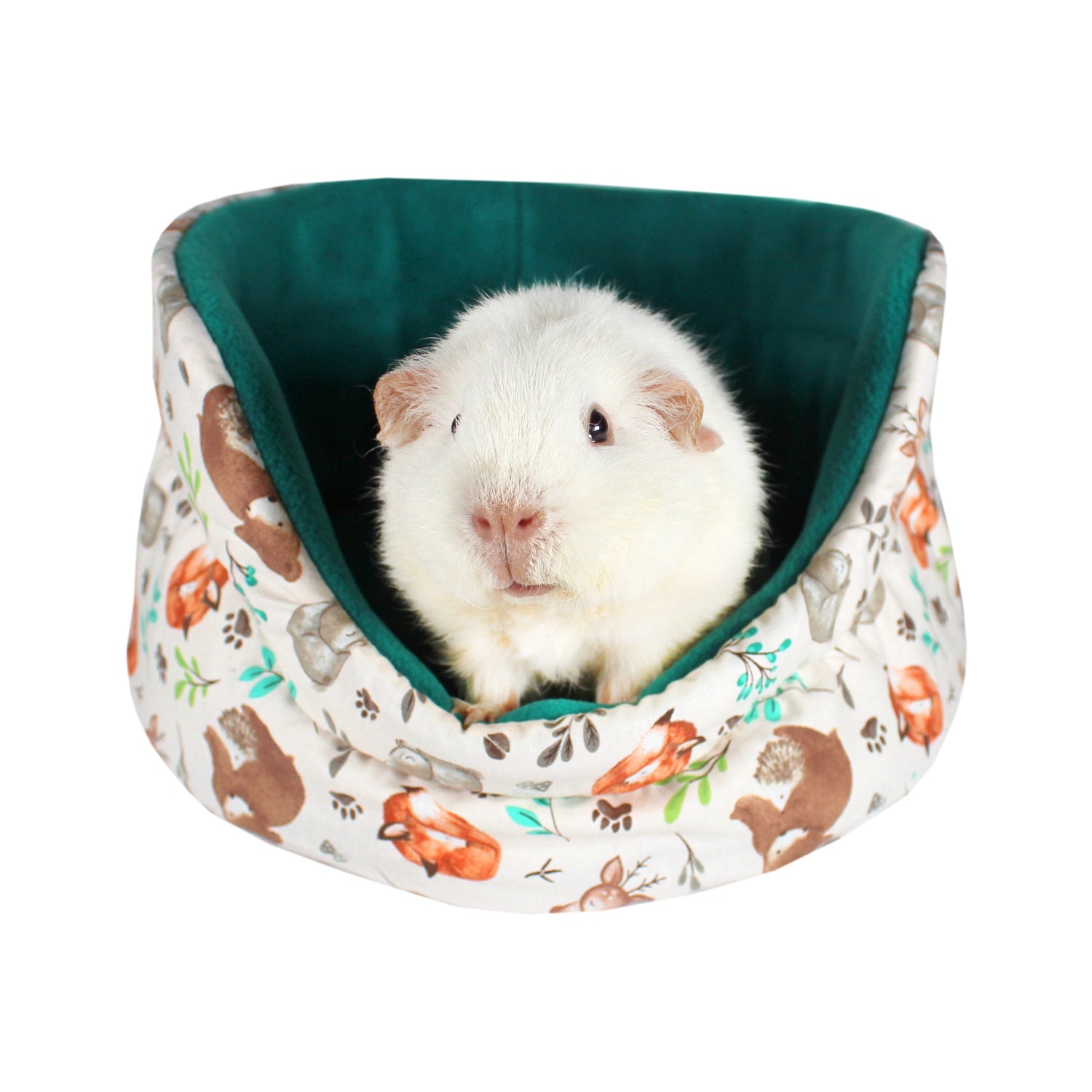 Woodland Creatures Pattern Bed for Guinea Pig, front view with guinea pig sat inside