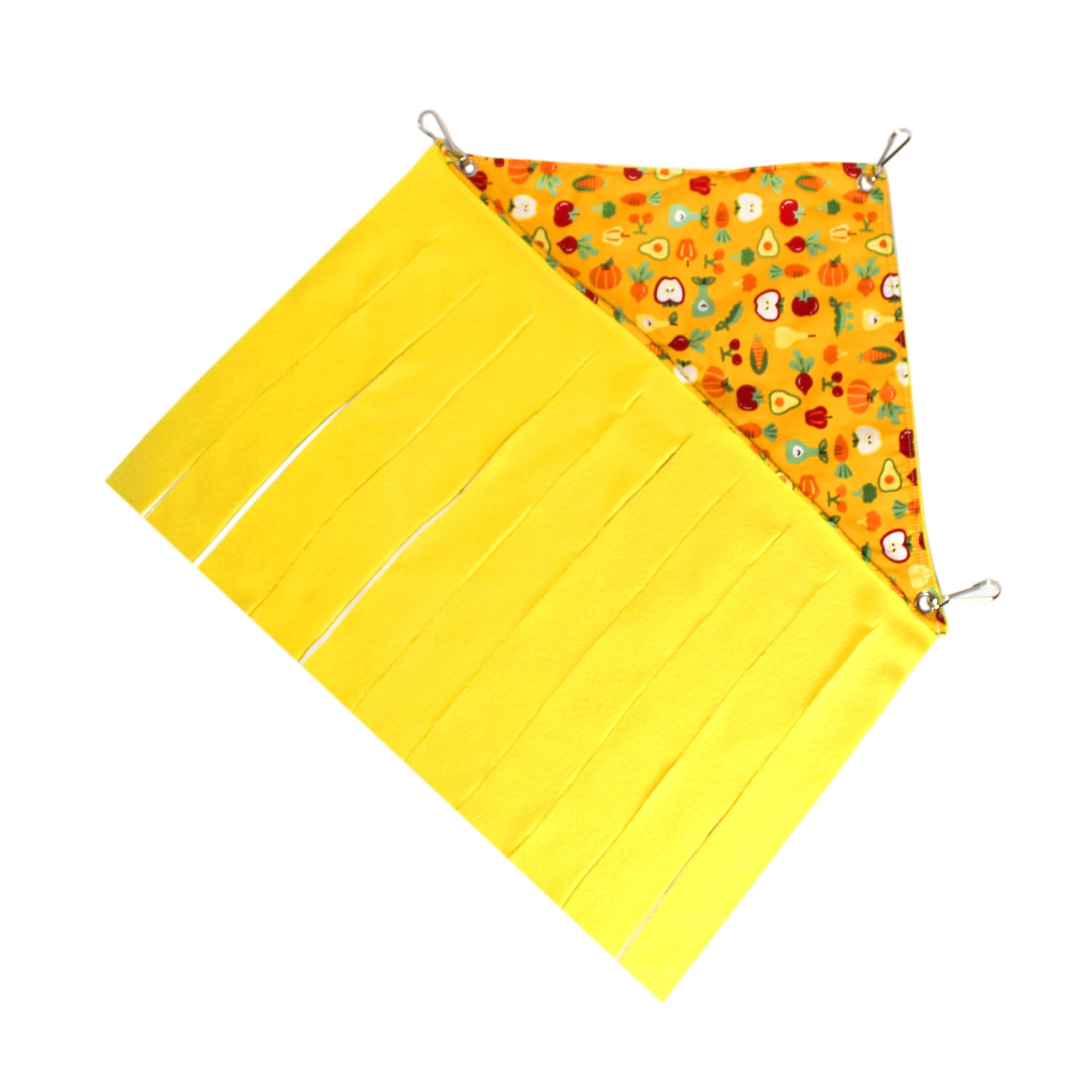 Yellow corner fleece forest with anti pill fleece and vegetable pattern cotton. Also 3 metal clips for hanging.