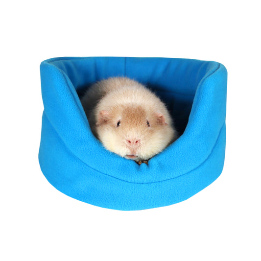 Rich Blue Guinea Pig Bed, front view of the cuddle cup bed for guinea pigs with a guinea pig inside
