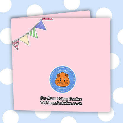 Guinea Pig Tea Party - Personalised Greetings Card, rear of the funny birthday greetings card featuring a bunting design