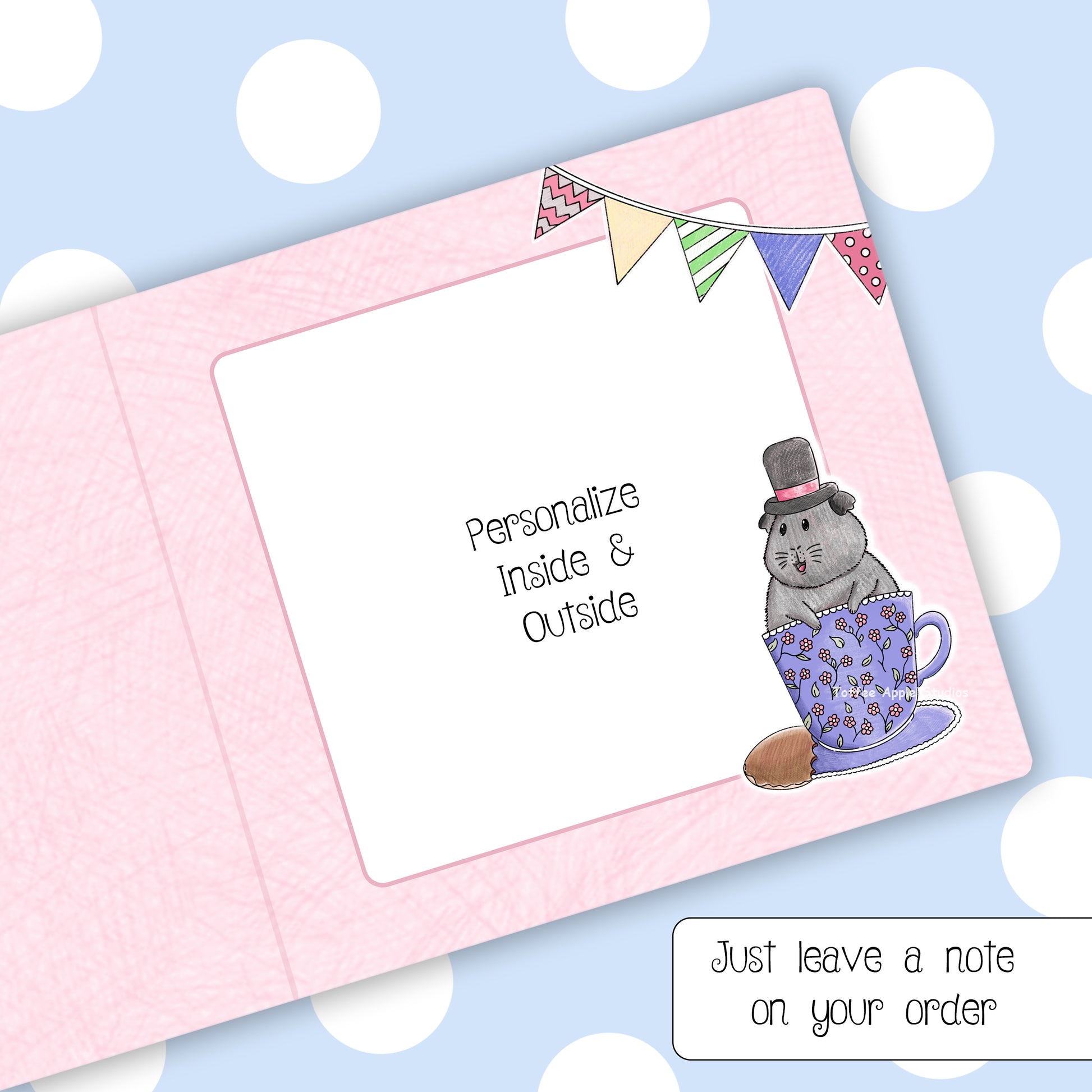 Guinea Pig Tea Party - Personalised Greetings Card, inside showing the space to leave your own personalised messaged