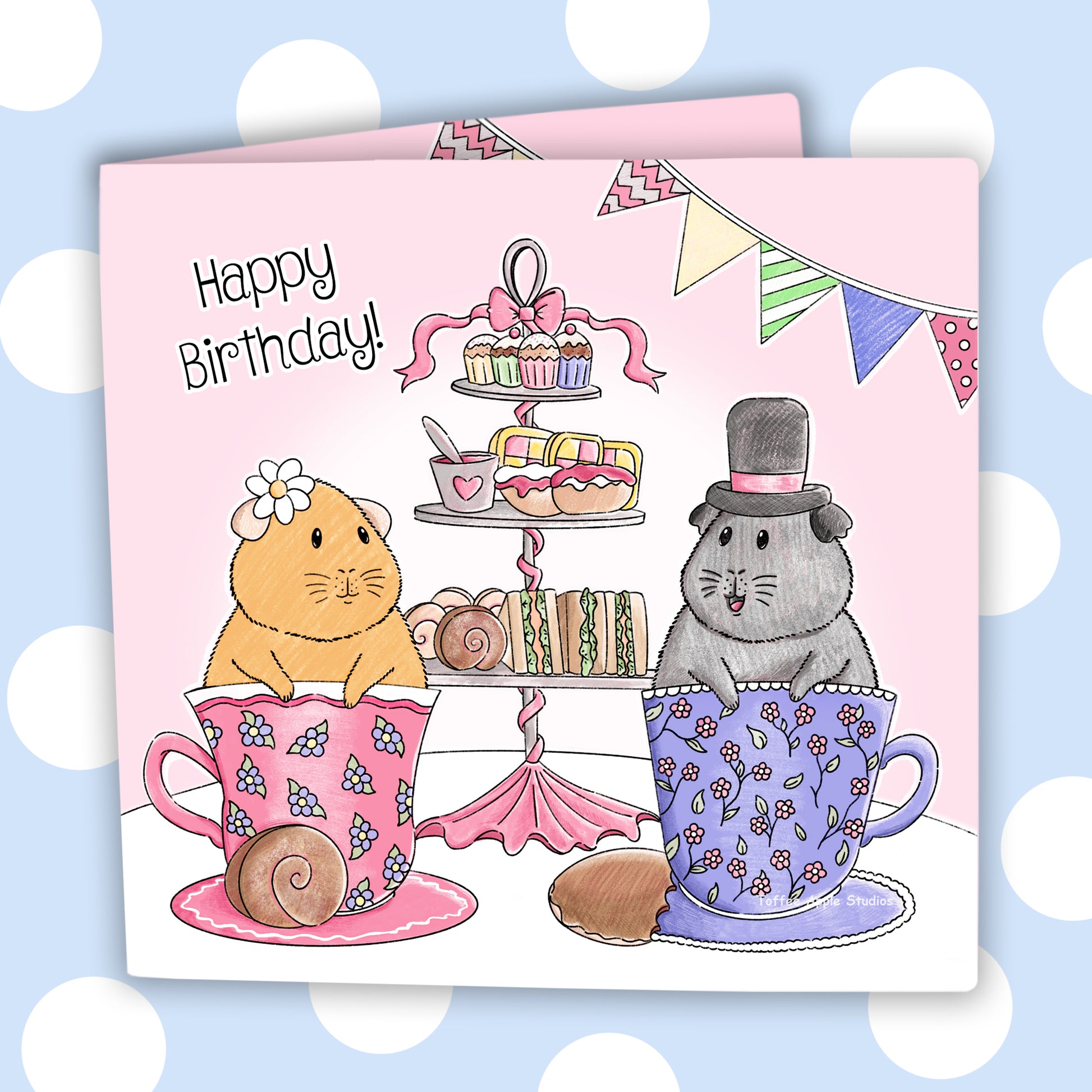 Guinea Pig Tea Party - Personalised Greetings Card, front view showing the guinea pig tea party in action