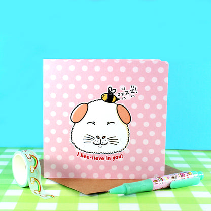 I Bee-lieve In You Guinea Pig Card, printed card with props to give a better understanding of the size of the greeting card