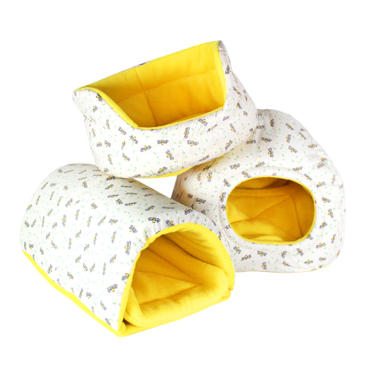 Yellow Bee Guinea Pig Accessory Set, all 3 iguinea pig accessories on display, cuddle cup, squish tunnel, hidey house