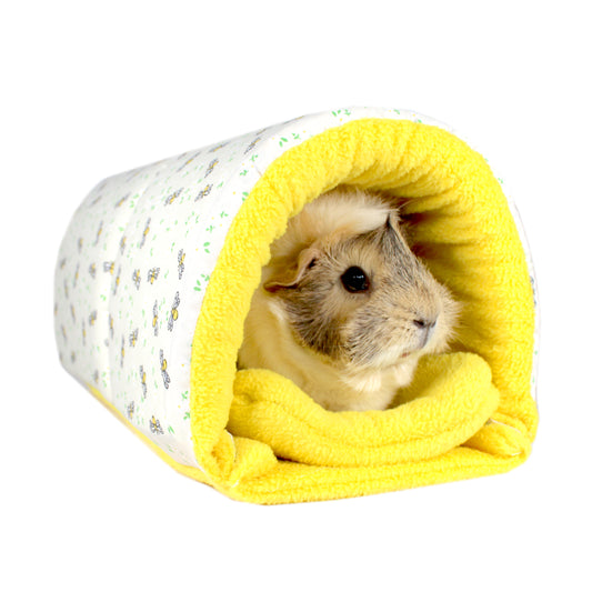 Yellow Bee Pattern Snuggle Tunnel, front view with guinea pig