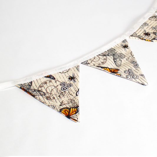 Small Steampunk Butterfly Bunting, close up of the flags showing the Victorian steampunk pattern