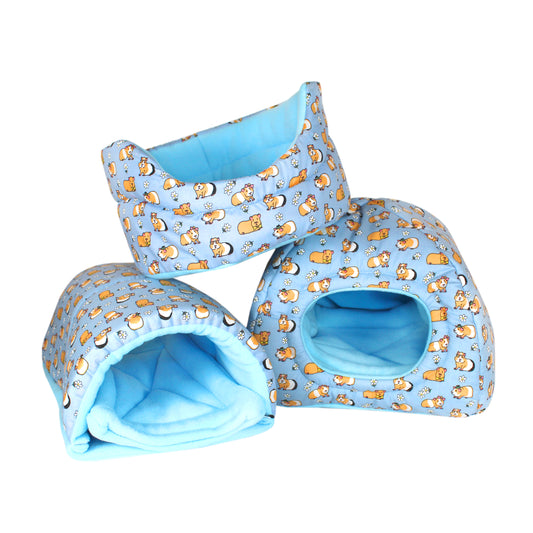 Baby Blue Guinea Pig Pattern Accessory Set, photo showing each of the items included in the set, cuddle cup, squish tunnel and hidey house