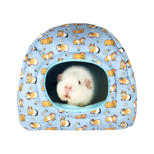 Blue Guinea Pig Pattern Hidey Hut, front view with guinea pig