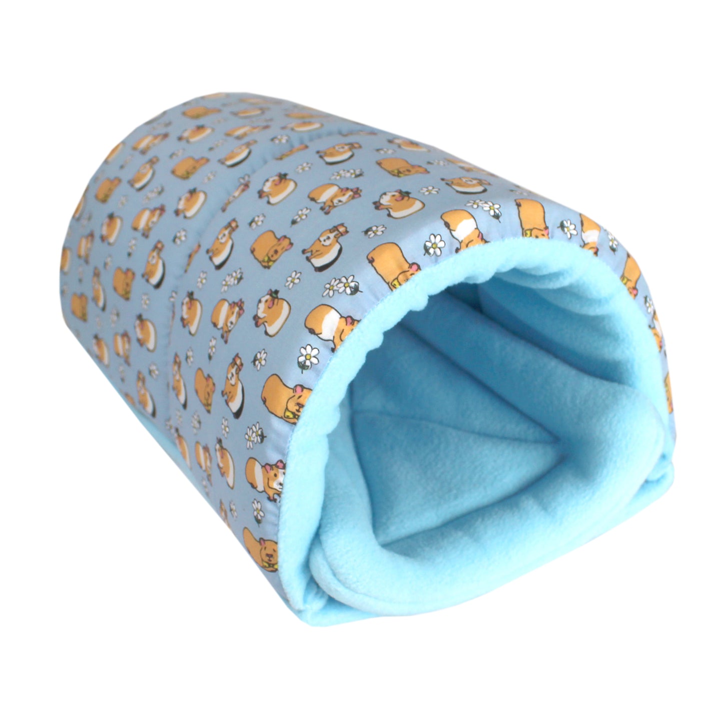 Light Blue Guinea Pig Pattern Snuggle Tunnel, front side view empty