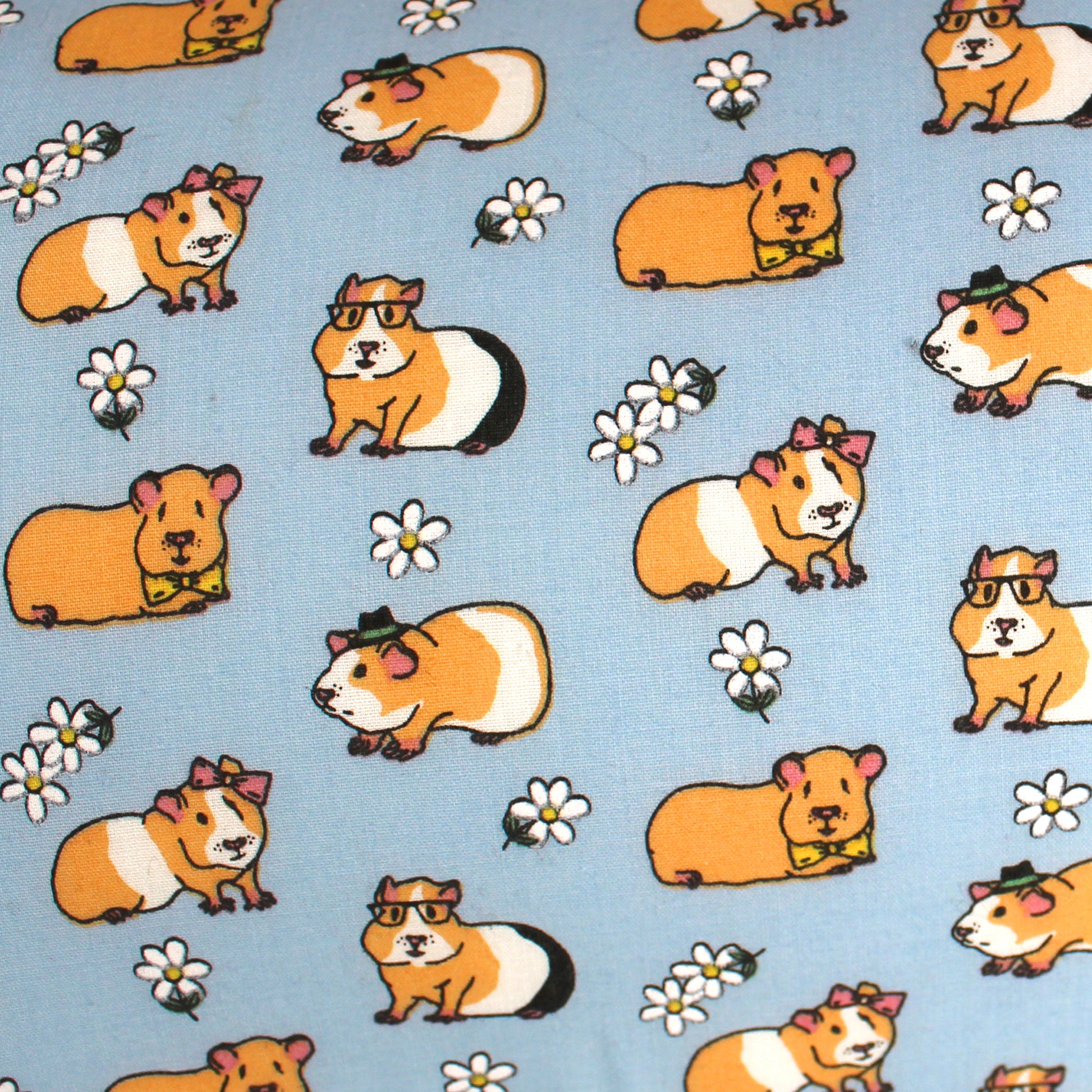 Light Blue Guinea Pig Pattern Snuggle Tunnel, close up of the guinea pig pattern cotton fabric