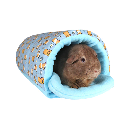 Light Blue Guinea Pig Pattern Snuggle Tunnel, front side view with ginea pig