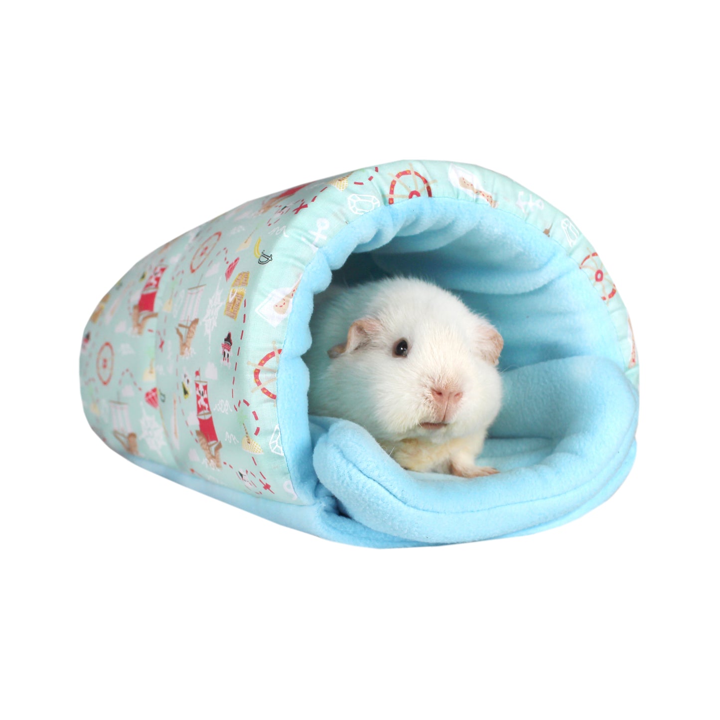 Blue Pirate Guinea Pig Squish Tunnel, front side view with guinea pig