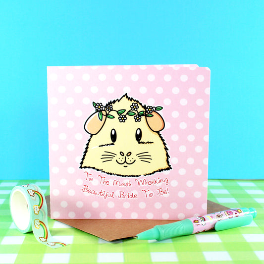 Guinea Pig Bridal Shower Card, front view showing the guinea pig wearing a flower crown