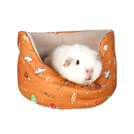 Gingerbread Fleece Guinea Pig Bed, front view with guinea pig
