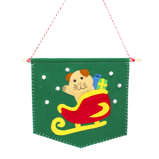 Handcrafted Guinea Pig On Sleigh - Green Wall Art Flag
