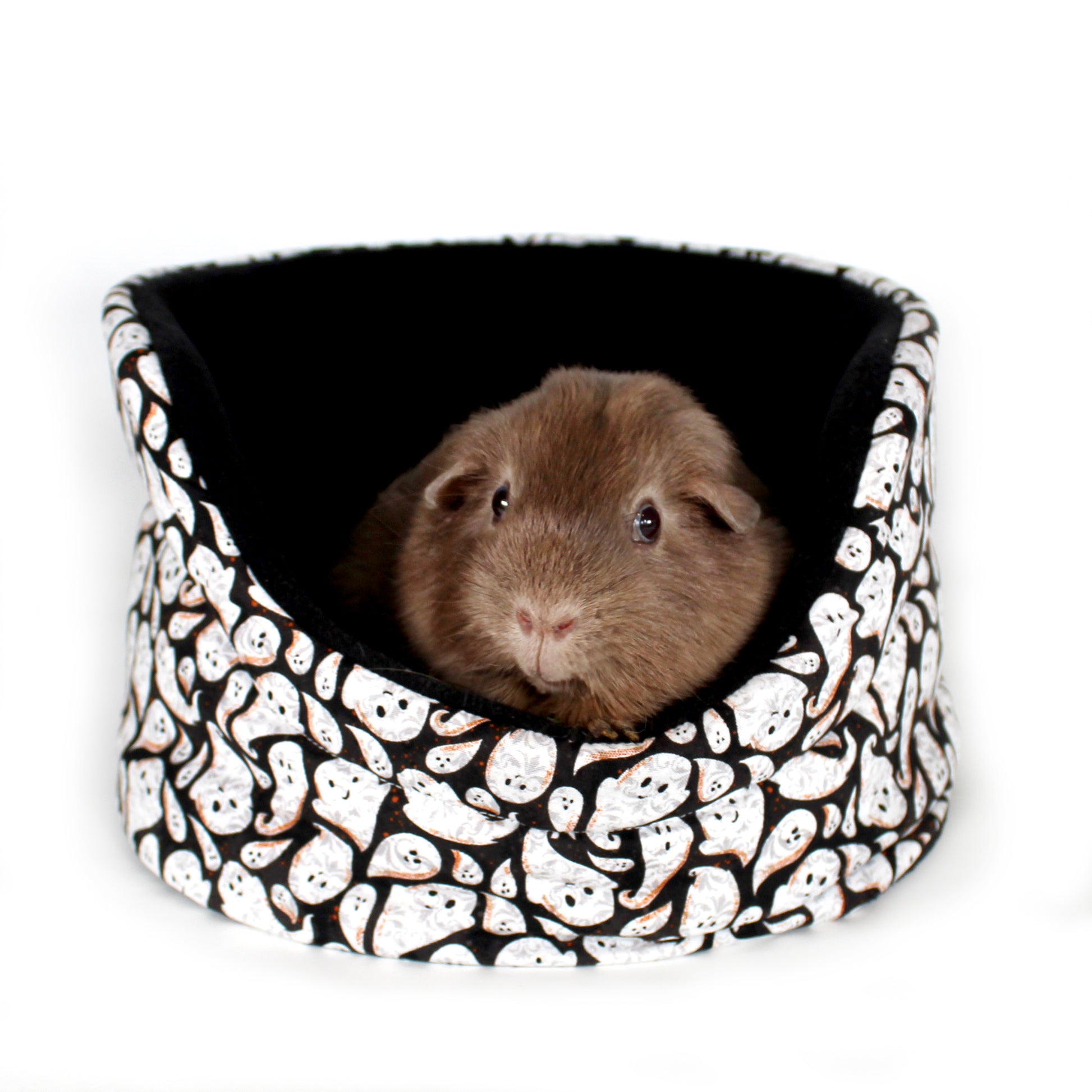 Halloween Ghost Cuddle Cup Bed, Front view of the Cuddle cup with a happy guinea pig inside