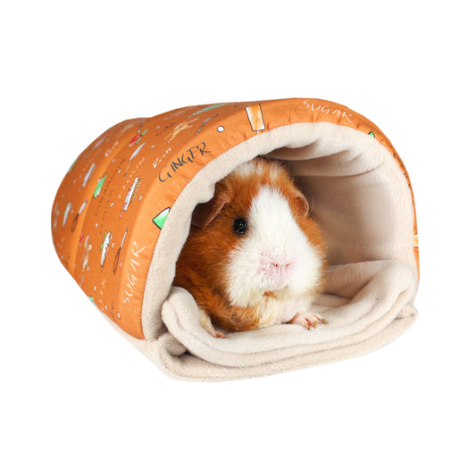 Gingerbread Snuggle Tunnel for Guinea Pigs, front side view with guinea pig