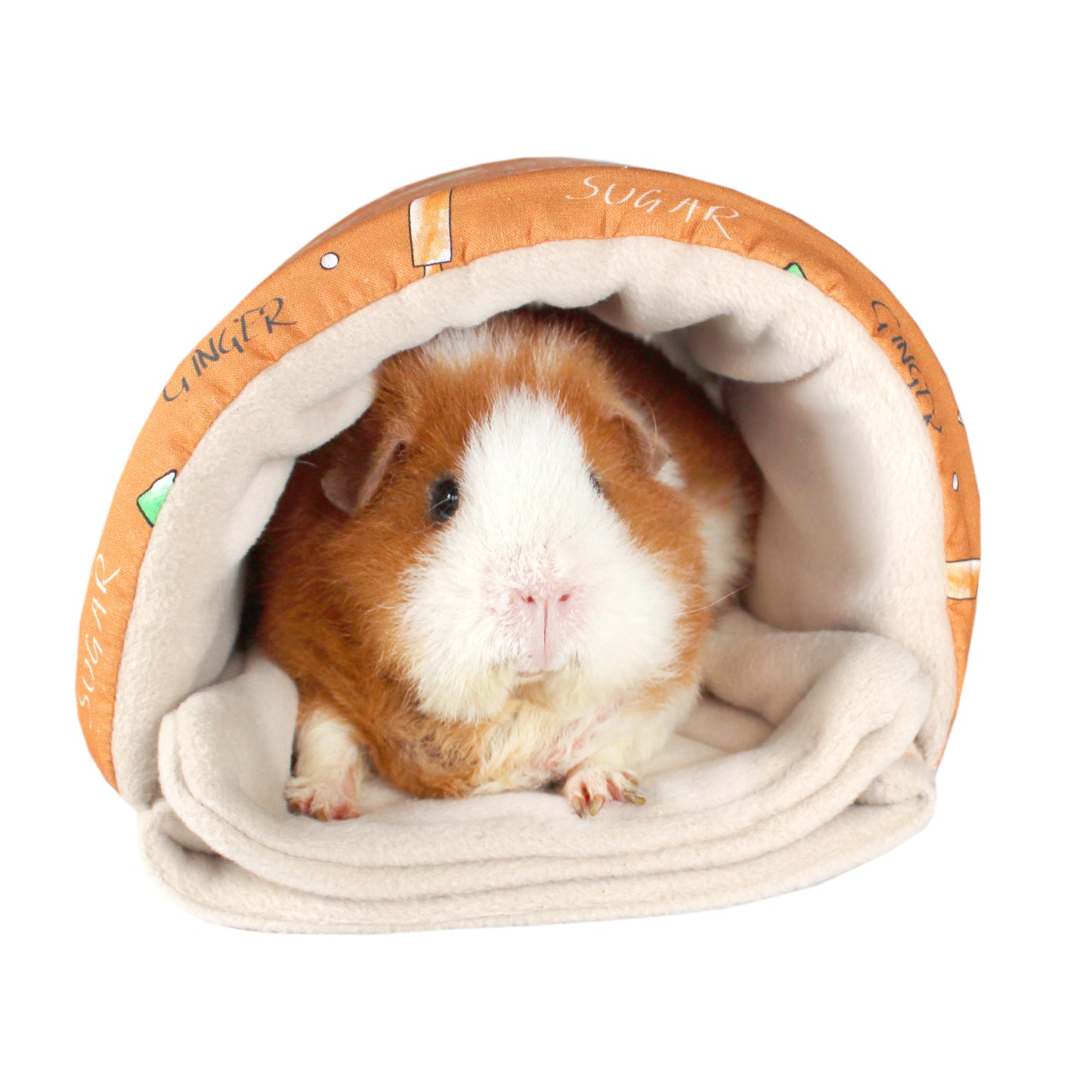 Gingerbread Snuggle Tunnel for Guinea Pigs, front view with guinea pig