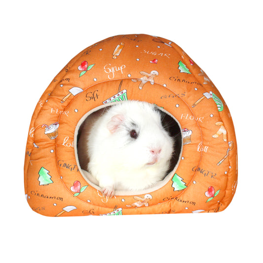 Gingerbread Guinea Pig Hidey Hut, front view wtth guinea pig