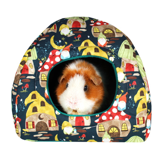Gnome and Mushroom Town Guinea Pig Hidey House, front view with guinea pig