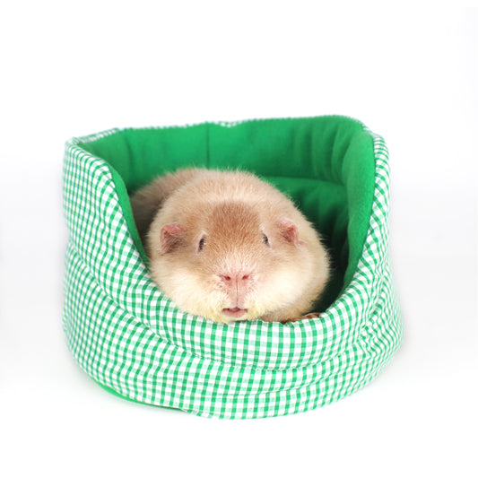 Emerald Green Gingham Cuddle Cup Bed with a happy guinea pig inside