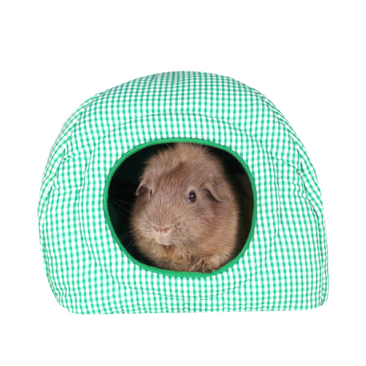 Green Gingham Guinea Pig Hidey House, front view with Guinea Pig