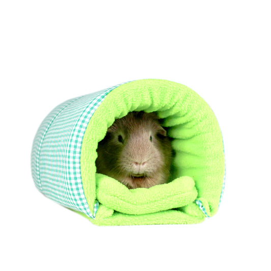 Green Gingham Guinea Pig Squish Tunnel, front view with guinea pig