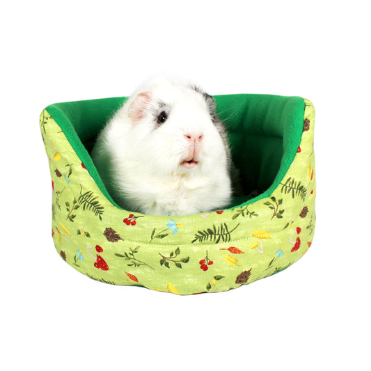 Green Autumn Bed for  Guinea Pigs, front view with guinea pig